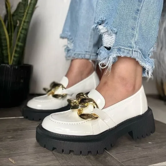 White Chain Strap Platform Loafers - Picture 6 of 11